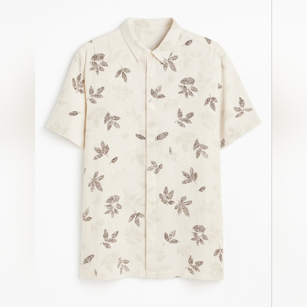 Axcess Claiborne Linen Blend Leaf Print Button Up Shirt Beige Brown Size Large